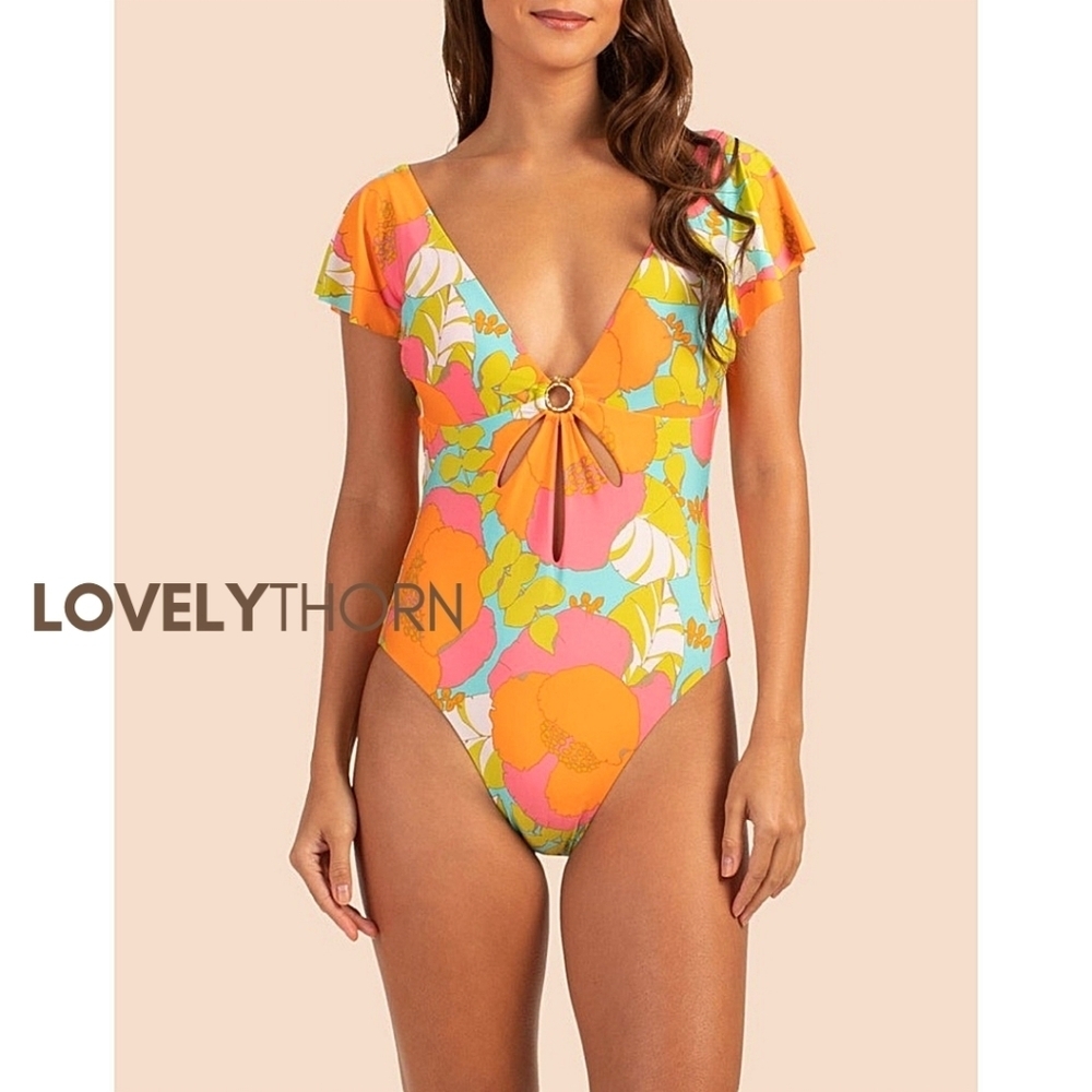 TRINA TURK // ltd ed playa de flor flutter sleeve cut-out 1 piece swim/bodysuit - Picture 10 of 12